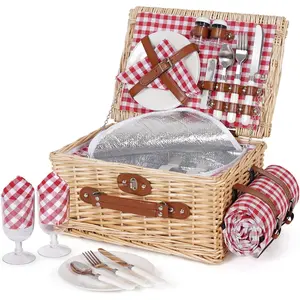 Double-Person Picnic Basket Set - Wicker picnic basket with waterproof blanket and insulated lining, large handmade wicker basket, comes with a cutlery set, suitable for outdoor use, picnics, camping, parties, and vacations
