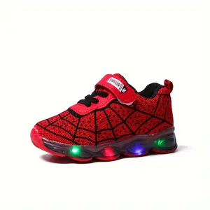 SHUJUAN Trendy Spider Net LED Light Low-Top Sneakers Shoes for Boys - Breathable Lightweight Rubber Anti-Slip Casual Athletic Footwear with Hook-and-Loop Fastener for Outdoor Walking, Spring & Autumn Trendy Trainers