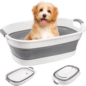 Collapsible Pet Bathtub with Water Drain Plug, Plastic Dog Bath Tub with Handle Portable Puppy Bathing Tub Space Saving Laundry Basket for Puppy, Small Dog, Cat, BPA Free, Grey
