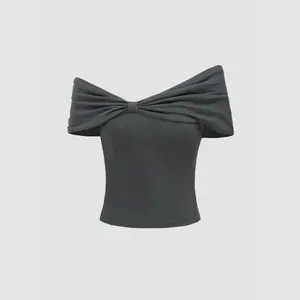 Cider [size 2-26] Asymmetrical Neck Short Sleeve Crop Top