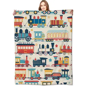 Cute Vintage Train Blanket,Funny Cartoon Car Throw Blankets,Gifts for Kids Boys, Lightweight Soft Fleece,for Sofa Couch Bed Room Travel,Modern Birthday Decor,