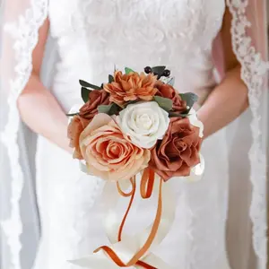 Bride Wedding Bouquet with Artificial Roses, Bridesmaid Floral Arrangement, Ceremony Tossing Bouquet Decor