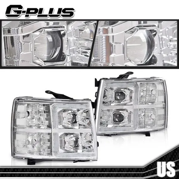 G-PLUS Headlights for 2007-2014 Silverado 1500 2500 3500 Clear Chrome LED Projector Headlights