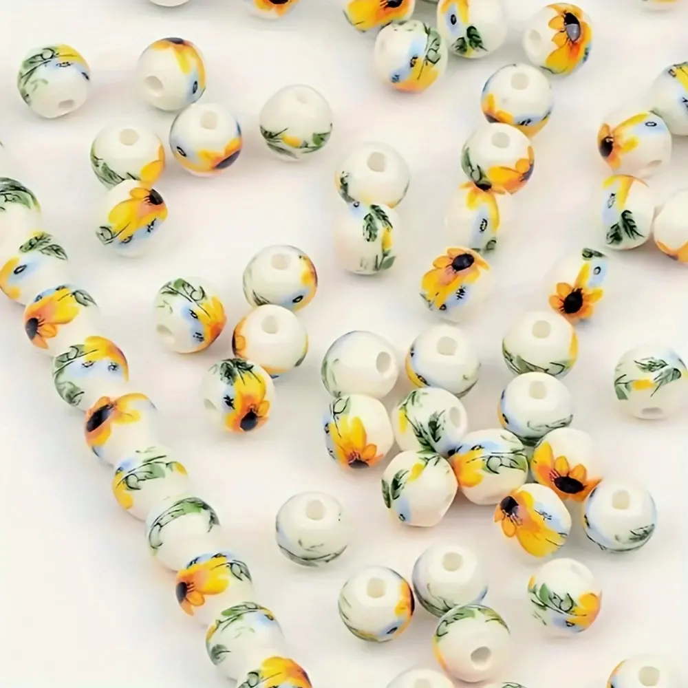 12mm Round Sunflower Ceramic Beads - 66pcs Handmade Craft Beads, DIY Jewelry Making Accessories for Bracelets, Necklaces, Floral Design Projects