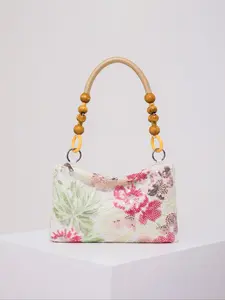 Women's Floral Pattern Beads & Sequins Decorated Crossbody Bag, Retro Beach Style Wooden Handle Shoulder Bag, Trendy All-match Bag for Daily Use, Fashionable Shoulder Bag