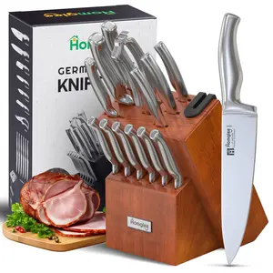 14-Piece Kitchen Knife Set with Block – German Stainless Steel, Pine Wood Block, Built-in Sharpener, Dishwasher Safe, Ergonomic Brown Handles