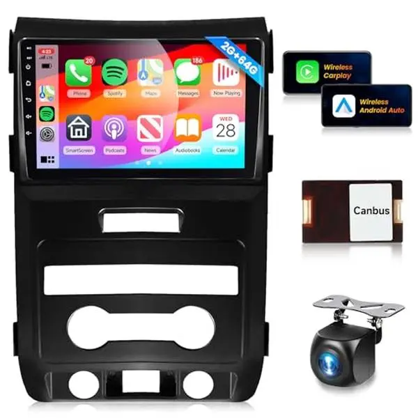 Podofo Double Din Car Media Player, 9-in HD IPS Touch Screen 2G+64G Android Aftermarket Stereo for Ford F150 F-150 2009-2014, with FM Radio, 16EQ, Wireless CarPlay, Android Auto, Bluetooth, GPS, 28UIs, SWC, Backup Camera, Mirror Link, Father's Day Gift, Y
