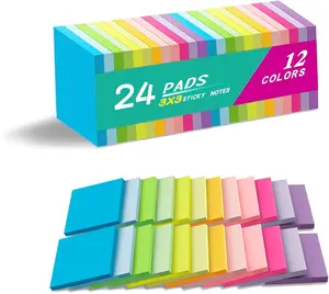 24 Pads 3x3 Inches Bright Vibrant Paper Sticky Notes, Self-Stick Pads for Efficient Color-Coding System, Easy to Post for Home, Office