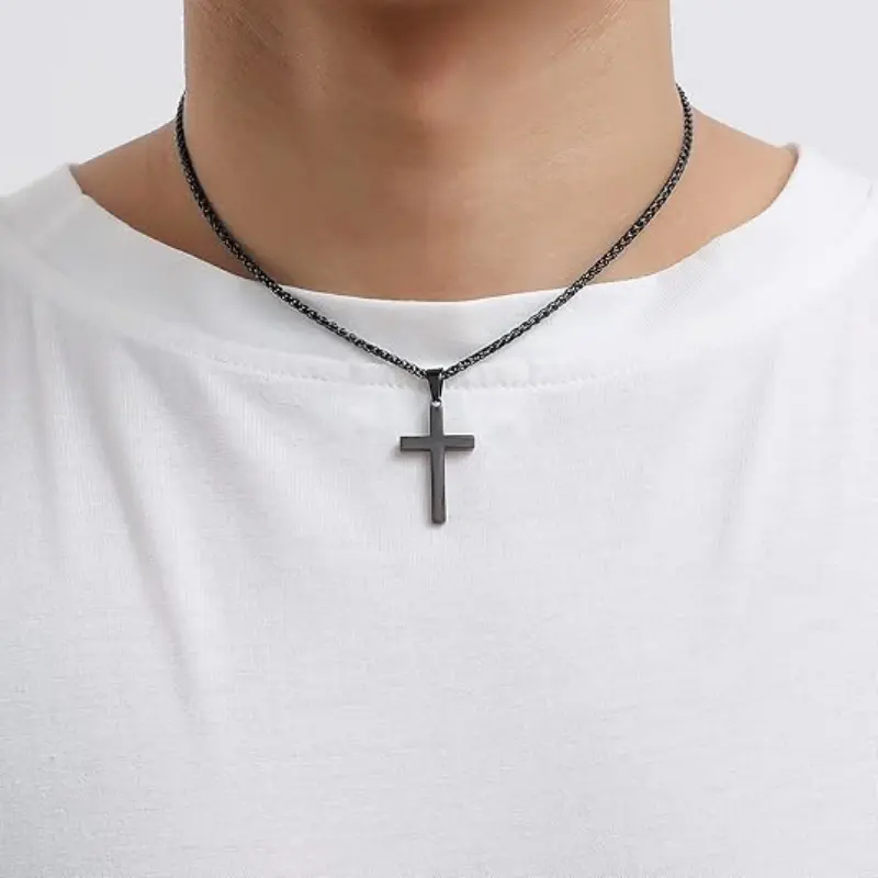 Sleek Black Silver  Cross Pendant Necklace, Polished Wheat Chain, Versatile Men Women’s Statement Jewelry