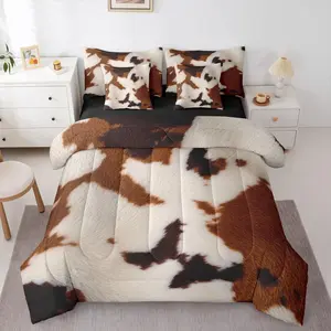 Feelyou 7-Piece Cowhide Comforter Set - Microfiber Soft Bedding Sets with Brown-White Cow Print Sheets, Pillowcases, Western Farm Animal Design & Rustic Farmhouse Bedding in a Bag