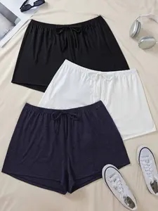 3-Piece Plain Soft Skin-Friendly Bow Tie Waistband Shorts Pajamas, Ultra-Comfortable Home Wear, Outerwear Suitable for All Seasons