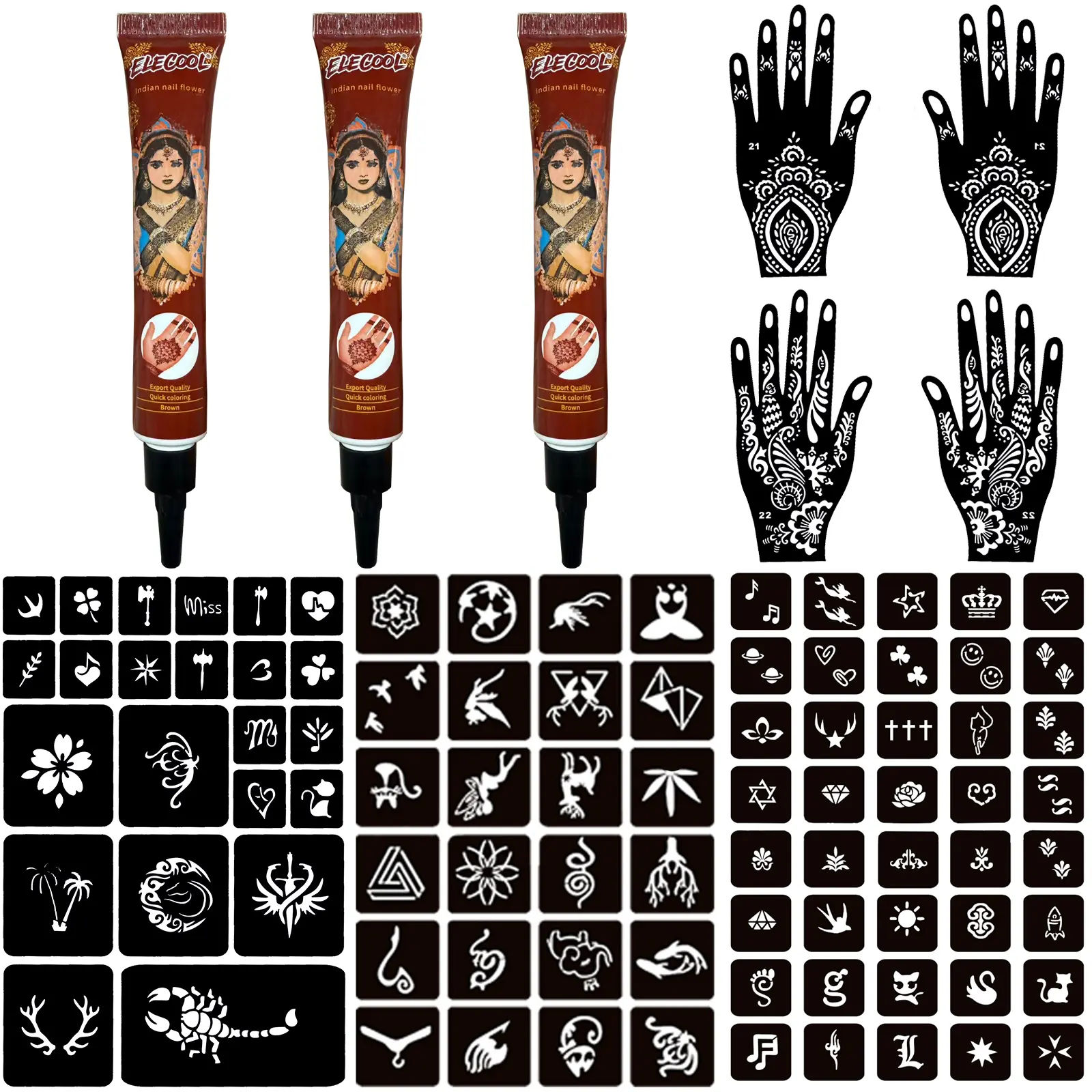 Joxpring Reddish Brown Temporary Tattoo Kit, Henna Paste Temporary Tattoos Stencils Kit, DIY Body Art for Women Men