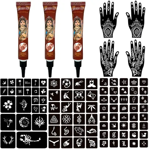 Joxpring Reddish Brown Temporary Tattoo Kit, Henna Paste Temporary Tattoos Stencils Kit, DIY Body Art for Women Men
