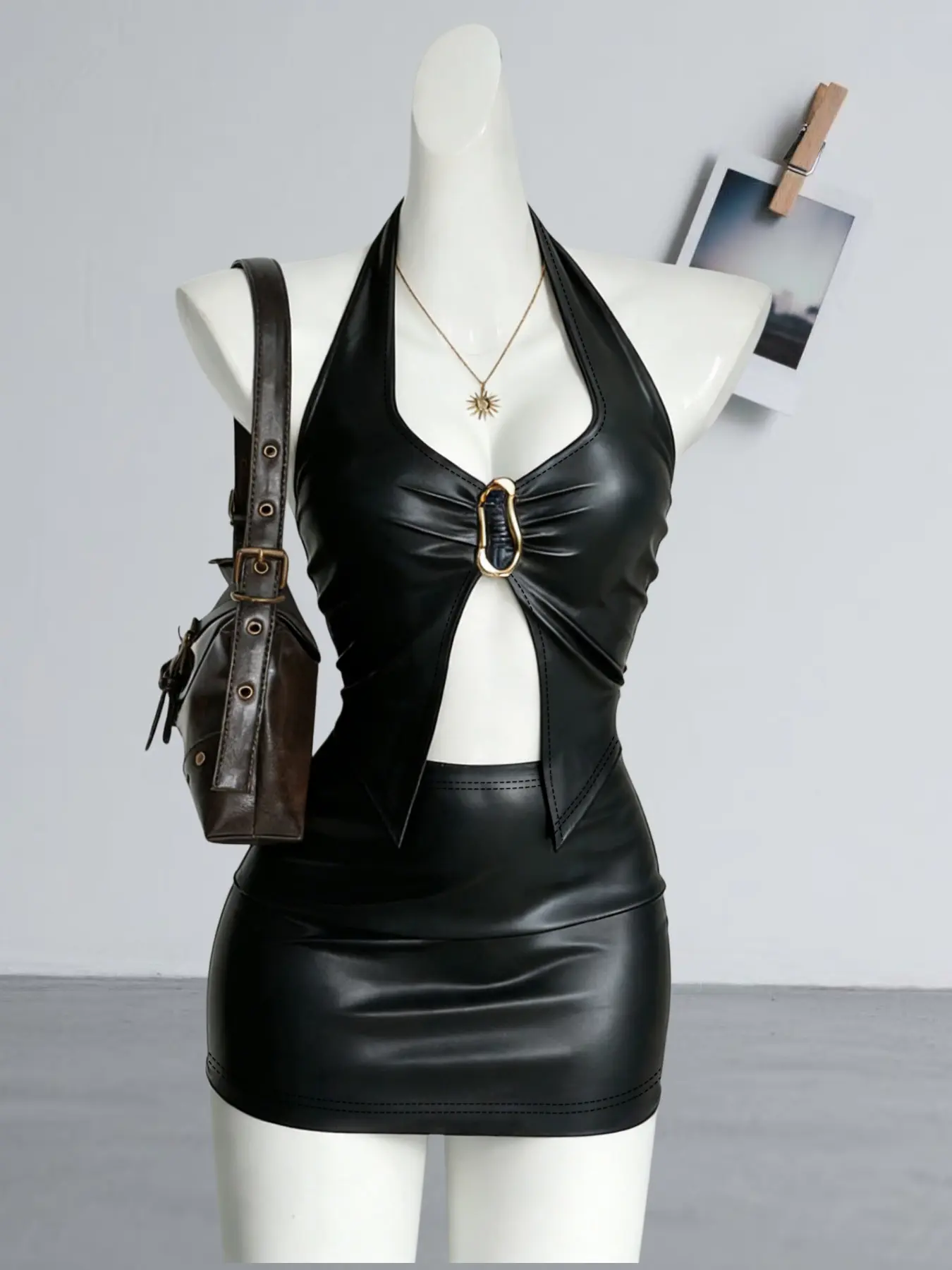 Street Style Punk Leather Top, Halter Neck Metal Buckle Cutout Design, Tight Fit Short Skirt Set, All-Season Casual Wear