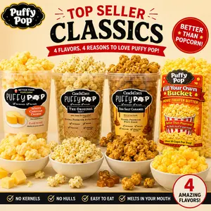 Top Seller Classics Puffy Pop Popcorn Puffs - 4 Pack of Original, Sea Salt Caramel, White Cheddar, & Movie Theater Butter - No Kernels & No Hulls - Easy to Eat Snack