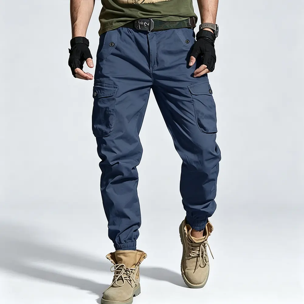 Navy Blue Men's Tactical Cargo Joggers, Multi Pocket Elastic Cuff Utility Pants, Lightweight Breathable Outdoor Work Trousers for Camping Hiking Daily Streetwear