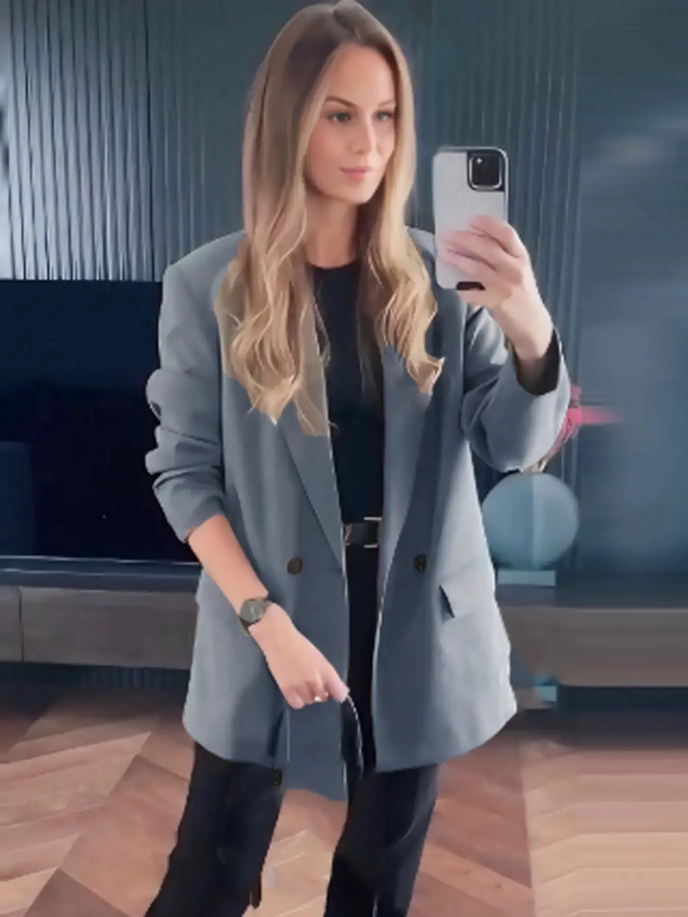 Oversized Blazer, Solid Button Blazer, Business Style Jacket, Woman Autumn Spring 2026 Minimalist Chic Office Wear Gray Black Green Notched Lapel Collared Long Sleeve Tops Suit Business Formal Work Office Suit
