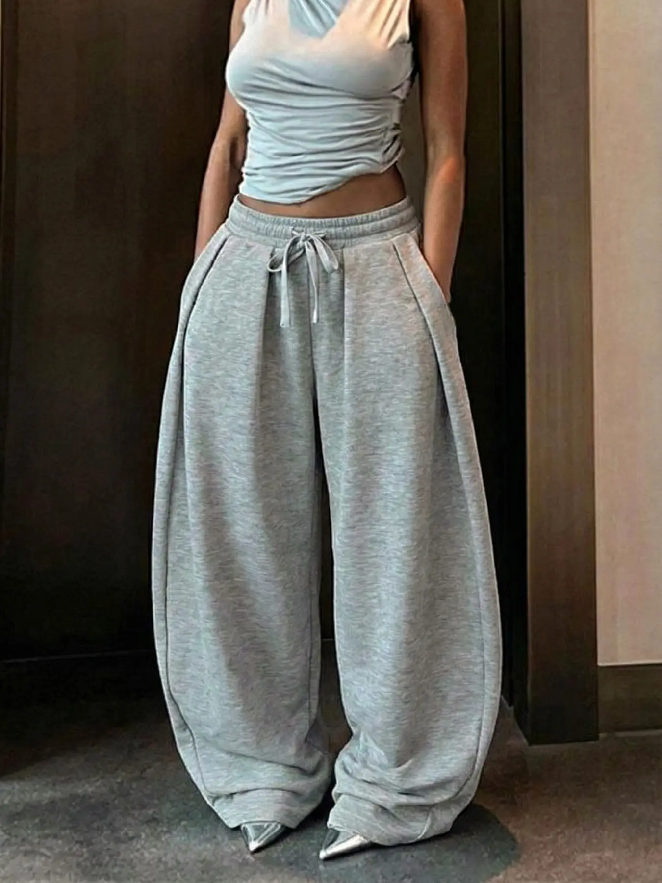 Women's Loose Fit Baggy Oversized Adjustable Long Pants, Womenswear, Soft Knit Streetwear, Minimalist, Casual Hip-Hop Academy Style, All Seasons Everyday Fashion, Comfortable Jogger Bottoms, Knitted