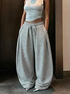 Women's Loose Fit Adjustable Long Pants, Womenswear, Soft Knit Streetwear, Minimalist, Casual Hip-Hop Academy Style, All Seasons Everyday Fashion, Comfortable Jogger Bottoms, Knitted