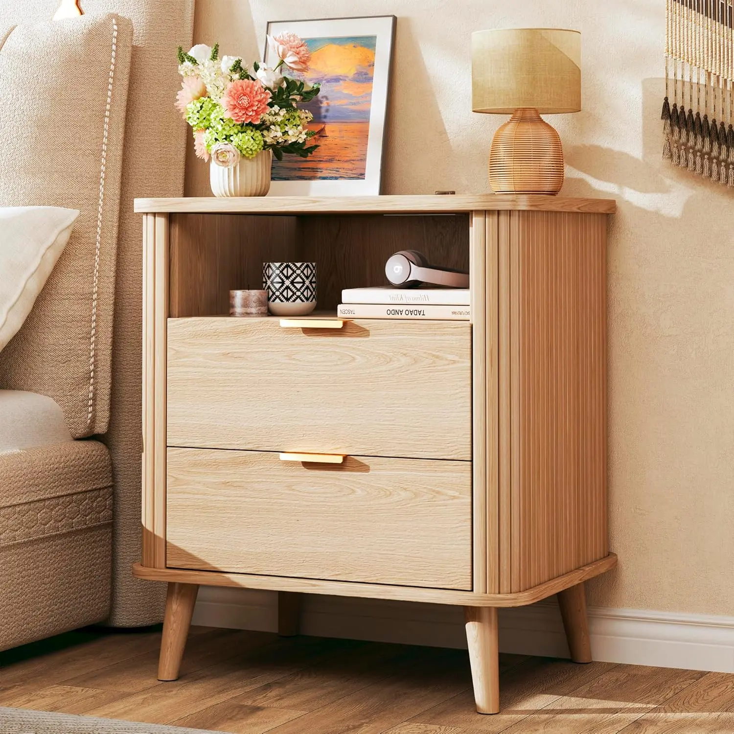 Mid-Century Fluted Oak Compact Nightstand - Solid Legs Wood Frame, USB Port Charging Station, Power Outlet, Drawer, Open Shelf, Curved Profile, Retro Look, Bedroom Storage End Side Table Nightstand Bedside Table,dorm essentials,home decor