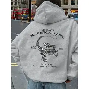 Jurassic Dr. Grant Fossil Skull Hoodie, retro dinosaur design, casual winter outfit, science fiction fan favorite, neutral fashion