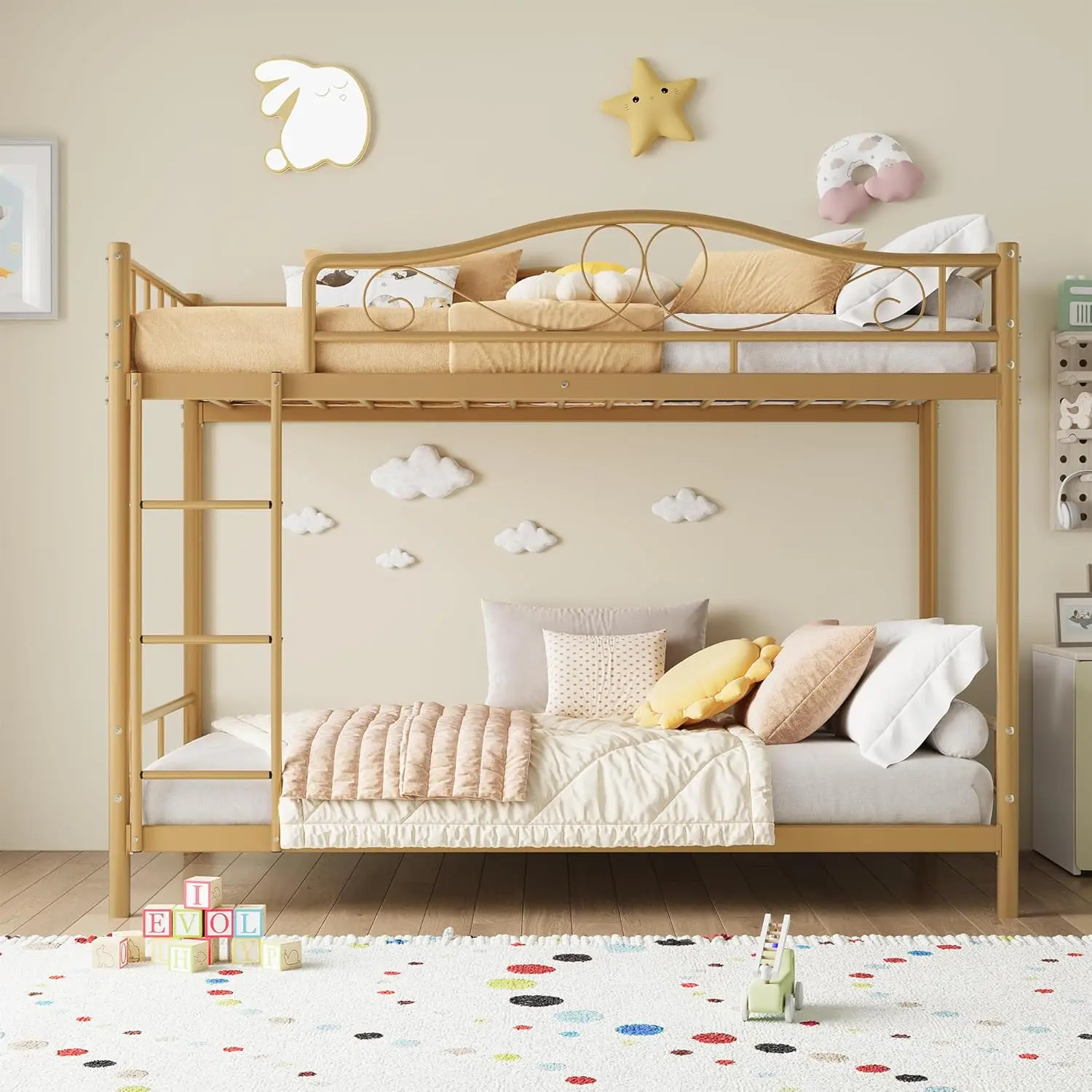 GAOMON Bunk Bed Twin Over Twin with Ladder & Full Safety Guardrail, Heavy Duty Metal Twin Over Twin Bunk Bed 400 Lbs Load Capacity, Space-Saving, Noise Free, No Box Spring Needed, Easy Assembly, G
