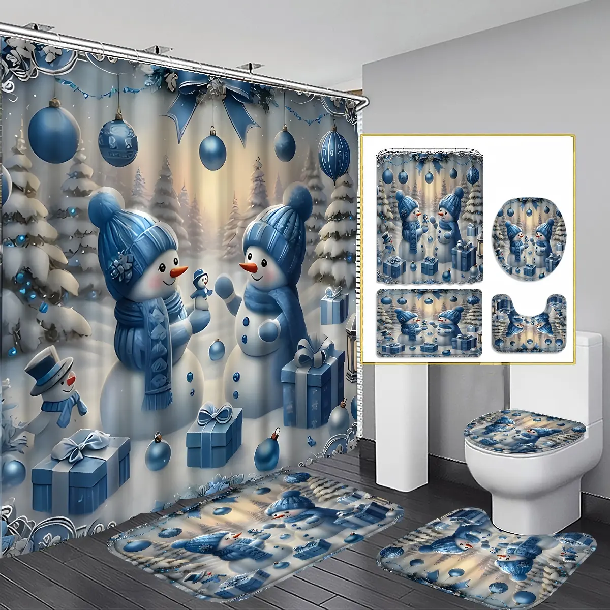 Christmas Snowman Shower Curtain Set with Blue Scarf, Holiday Bathroom Decor, Includes Hooks, Bath Mat, Toilet Pad, U-Shaped Pad, Gift, Bathroom Decoration Accessories