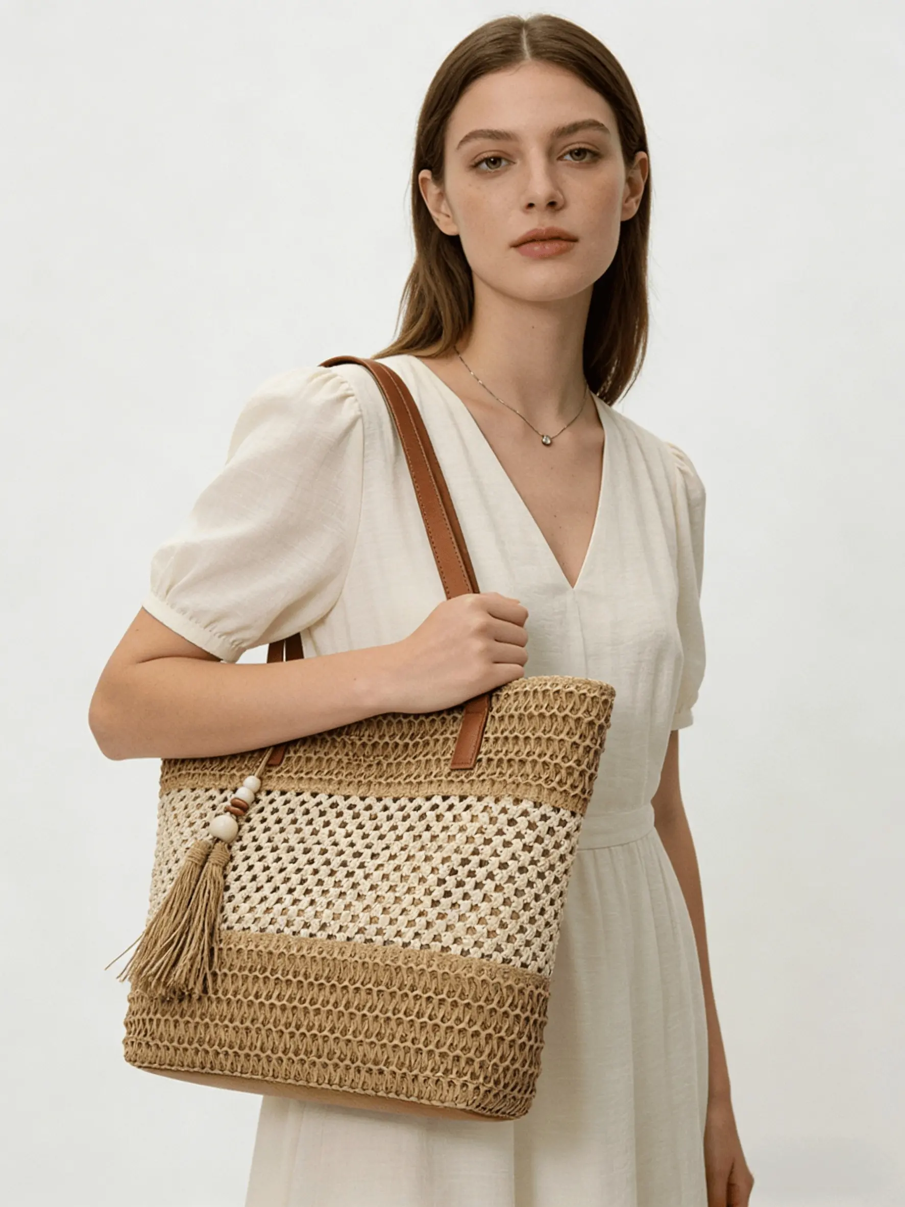 Large Capacity Women's Woven Tote Bag, Shoulder Handbag, Rattan Bag, Boho Style, Plain Pattern, All Seasons, Bamboo Fiber Material, Hand Woven Bags