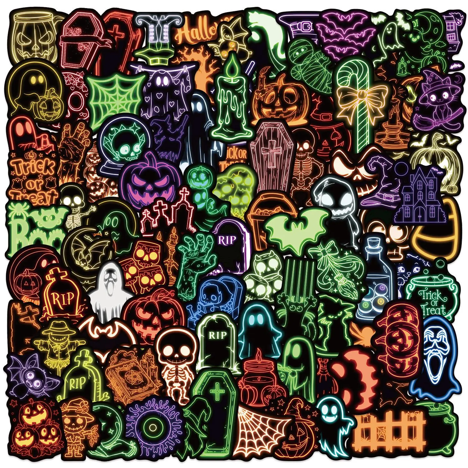 100pcs Cartoon Neon Halloween Stickers, Includes Sticker, Skull Decal, Graphic Decal, Side Decals, Suitable for Scrapbooks, Diaries, Laptops, Water Bottles, Cars and Other Faith-based Designs, Gifts with Positive Messages, Premium Skull Stickers