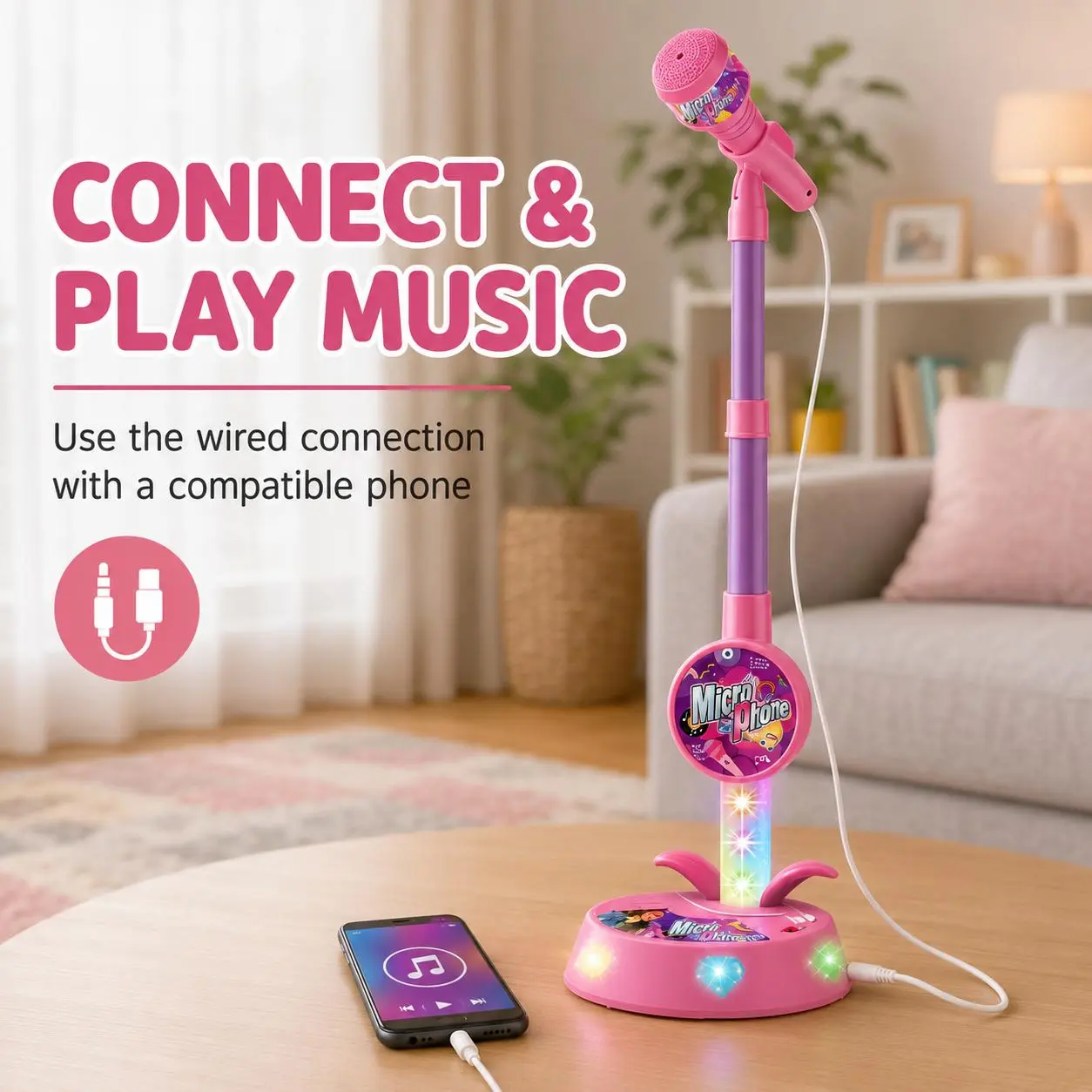 Kids Karaoke Microphone with Stand and Light-Up Base, Wired Phone Music Playback, Gift for Young Singers