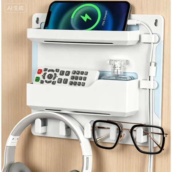 White ABS Wall-Mount Bedside Hanging Shelf with Hooks, Cable Clips, Hollow Decor - Adhesive Tape Installation, Space-Saving Home Supply for Phone, Remote, Kindle, Earphone (Dorm Room Use)