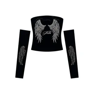 FDR Velvet 2-Piece Matching Set Strapless Rhinestone Wings Soft Touch Arm Sleeves for  Y2K Angel Wings Tube Top Set summerwins