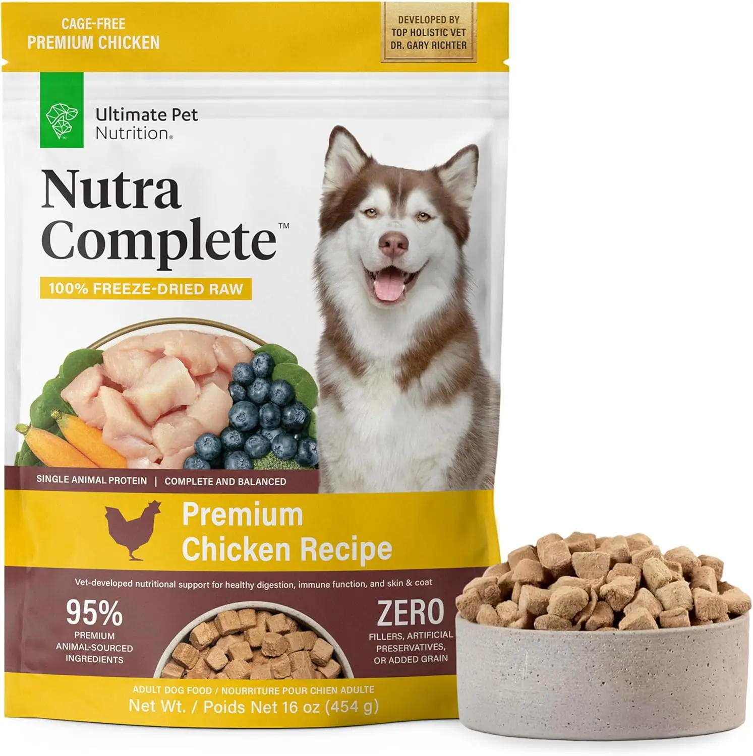 ULTIMATE PET NUTRITION Chicken Nutra Complete Freeze-Dried Raw Dog Food, Veterinarian-Formulated with Antioxidants, Prebiotics, Amino Acids (1 lb)