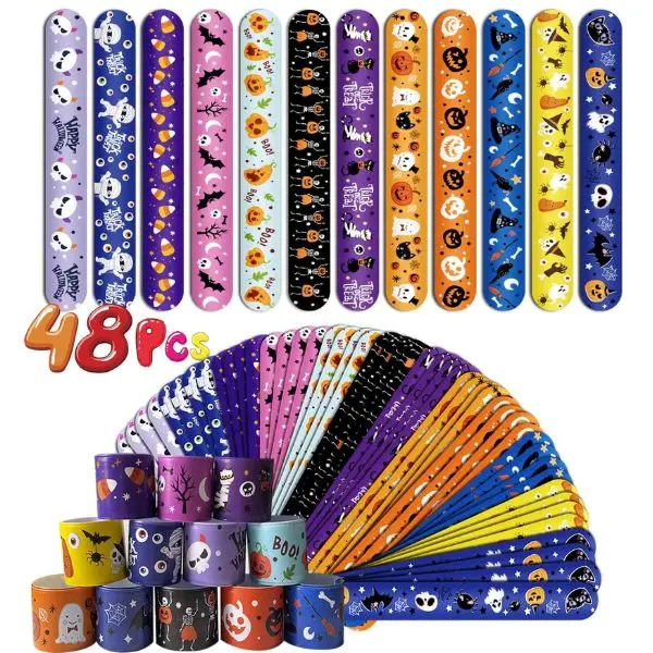 48Pcs Halloween Slap Bracelets, Pumpkin & Witch Snap Wristbands for Kids, Halloween Party Favors, Trick or Treat Bag Stuffers, Halloween Gift & Party Supplies