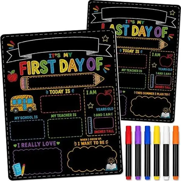 First & Last Day of School Signs with 6 Writing Pens, 11x14 Inch Double-Sided Reusable Chalkboard, Back to School Photo Prop for Preschool, Kindergarten & Elementary Students, Back to School Gifts