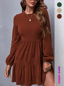 Spring & Fall New Women's Knit Long Sleeve Round Neck Dress, Basic Casual Fitted Style, Moderate Fabric Thickness, Perfect for Summer Wear, Womenswear