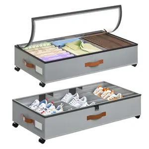Underbed storage box with wheels, 2 rolling storage containers with transparent covers, low storage box for clothes, shoes, toys, blankets - space saving under bed storage box
