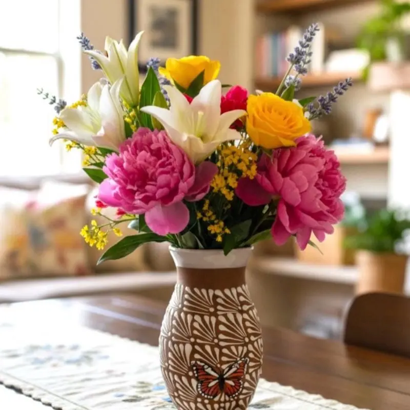 Handmade Mexican Artistry 9-Inch Brown Flower Vase with White Floral Design & Butterfly Print for Home Decor & Party Centerpieces