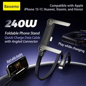 Basemo 240W High-Speed Fast Charging USB-C Cable (2026 New Model) - Braided for Extreme Durability, Built-in Foldable Stand, Ideal for Gaming, In-Car Use and Mobile Devices.