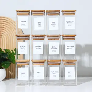 Square Glass Spice Jars (12/18/24 Pack) with Airtight Bamboo Lids, Preprinted Labels, Food Grade Seasoning Containers, Kitchen Accessories for Kitchen Pantry Organization