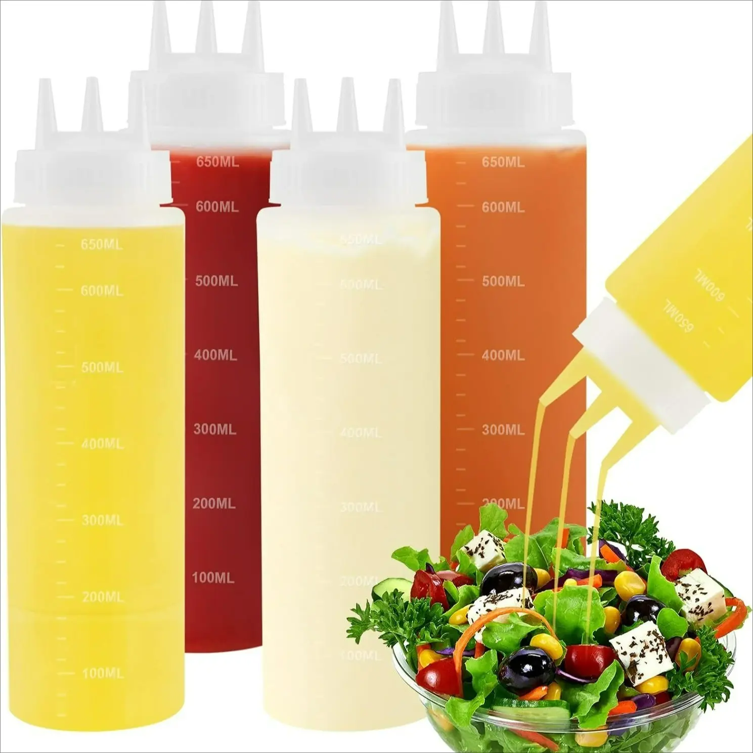 4-Pack 22 oz Condiment Squeeze Bottles, 3-Hole Leak-Proof Design for Sauces & Dressings, Ideal for Oil & Syrup Storage, Syrup Dispenser, Olive Oil Dispenser, Kitchenware, Kitchen Gadgets