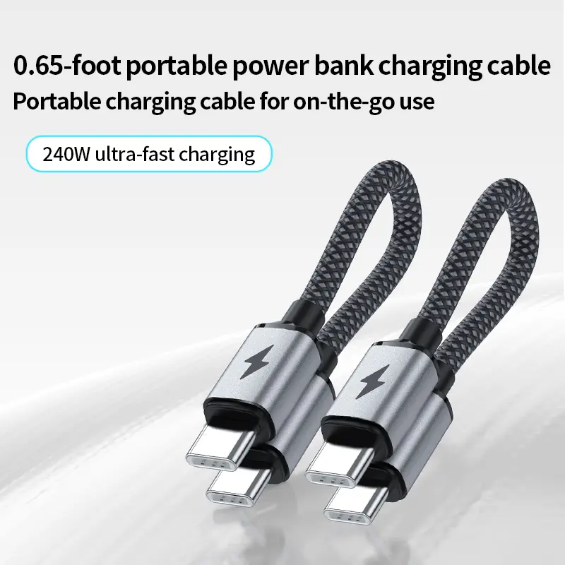 0.65 ft short cable for power banks, 240W magnetic emergency charging cable, Type‑C to Type‑C data cable compatible with iPhone, Samsung, and Huawei series phones, USB‑C to USB‑C power bank/data cable, available in packs of 1, 2, or 3, portable magnetic c