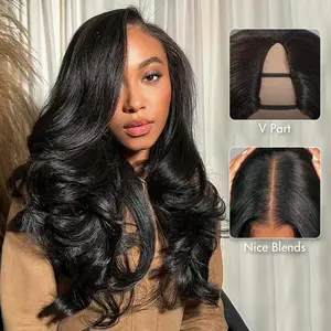 Celie Hair Pre-Styled Yaki Layered Body V Part Wig Invisible Drawstring Glueless Wig 180% Density Yaki Straight / Burmese Curly Human Hair Wigs Minimal Leave Out 100% Beginner Friendly