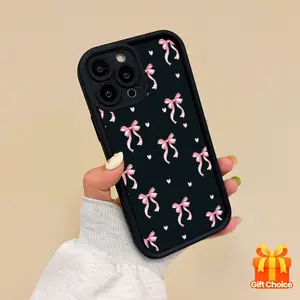 A Stylish And Trendy Pink Bow And Heart Patterned Silicone Phone Case for Iphone Models 16, 15, 14, 13, 12, 11 Pro Max, XS, XR, Mini, 7, 8 Plus.an Ideal Gift for Anyone.