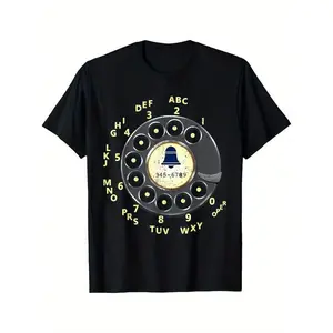 [Vintage Phone T-Shirt] Vintage Dial Phone Printed T-Shirt - Summer Casual Short Sleeved Round Neck T-Shirt - Men'S Clothing, Versatile And Fashionable Top For Daily Wear, Suitable For Daily Life, Regular-Fit, Family T-Shirt