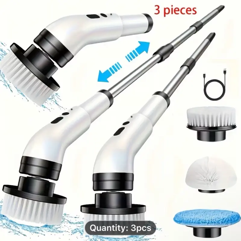 Electric Scrubbing Brush Cordless Rotating Floor Cleaner Wireless Scrubber with 3 Interchangeable Brush Heads Adjustable Handle 360-Degree Operation for Bathrooms Tubs Tiles Floors
