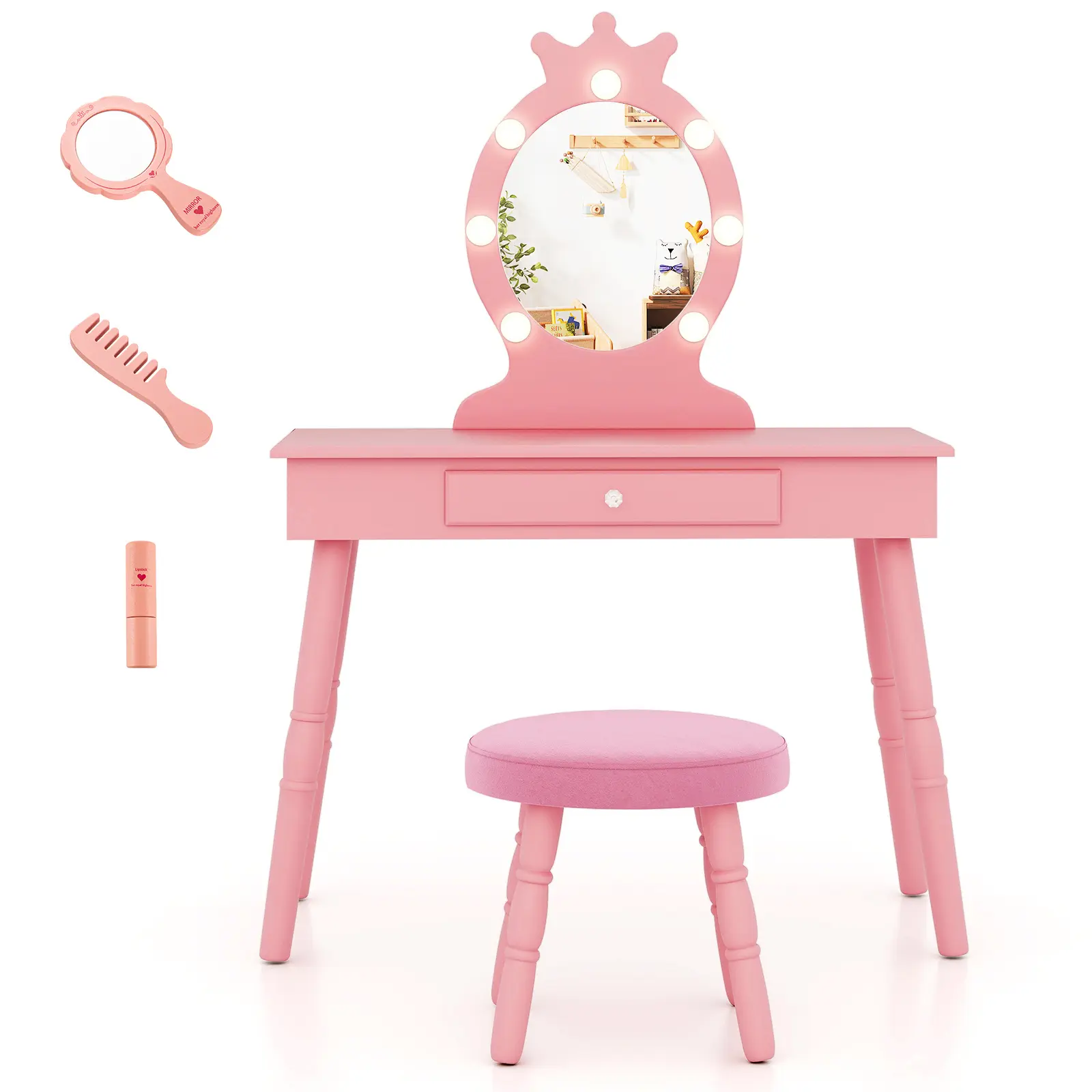 COSTWAY - Kids Vanity Set with Lighted Mirror with Adjustable Brightness and Large Drawer-Pink