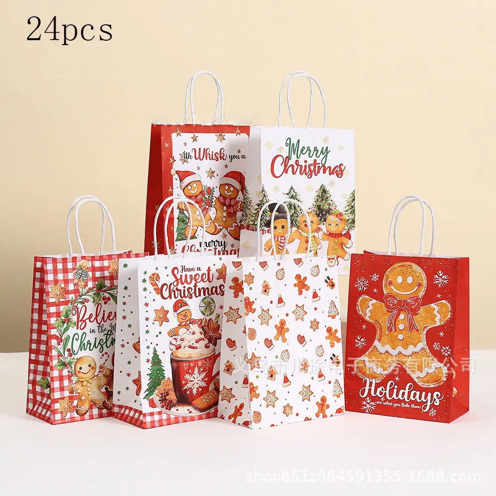 24 Reusable Christmas Gift Bags, Festive Party Supplies, Party Favor Bags, Santa & Gingerbread Design, Ideal for Holiday Shopping & Decorations
