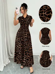 Women's Elegant Leopard Print Stand Collar Short Sleeve Waist Cinching Button Dress, Stylish Summer Fashion, Perfect for Casual Wear, Womenswear, Elegance, Elegant Casual Chic
