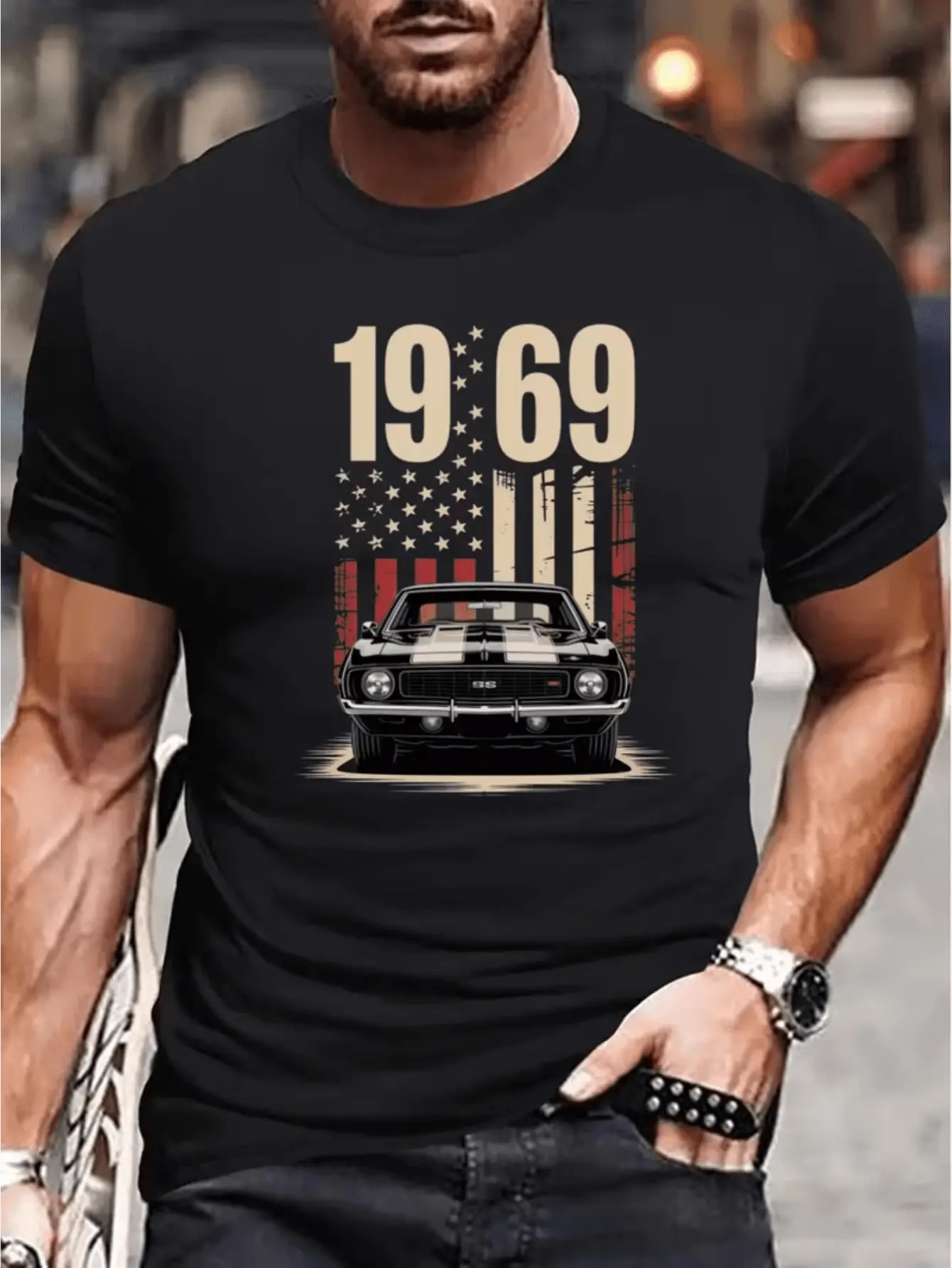 1969 American Flag Classic Car T-Shirt Men _ Muscl unisex soft cotton short sleeve t shirt, vintage graphic casual tee for men women teens, perfect birthday holiday gift for camping travel gym daily street  wear